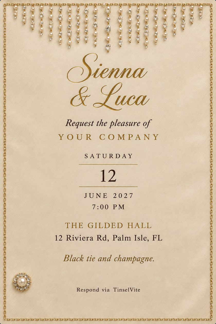 Champagne satin wedding invitation with a cascade of pearl and crystal strands across the top, a gold chain border, gold script names and the date and venue below.