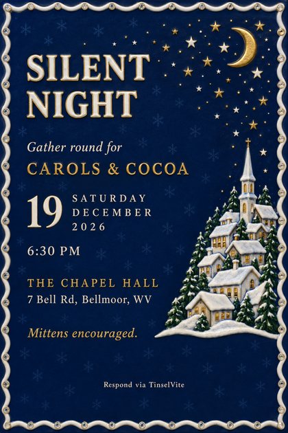 Christmas carol party invitation on a midnight blue glazed tile with a snowy chapel village, gold stars, a crescent moon and a jeweled border, headed Silent Night, with date and venue below.
