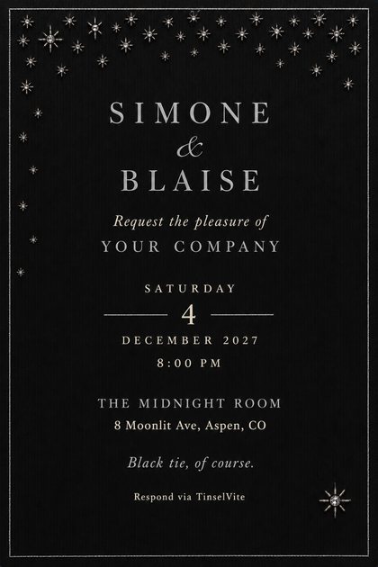 Wedding invitation on black satin with silver beaded crystal stars across the top, a thin silver border, large spaced silver capitals for the names, and the date and venue below.