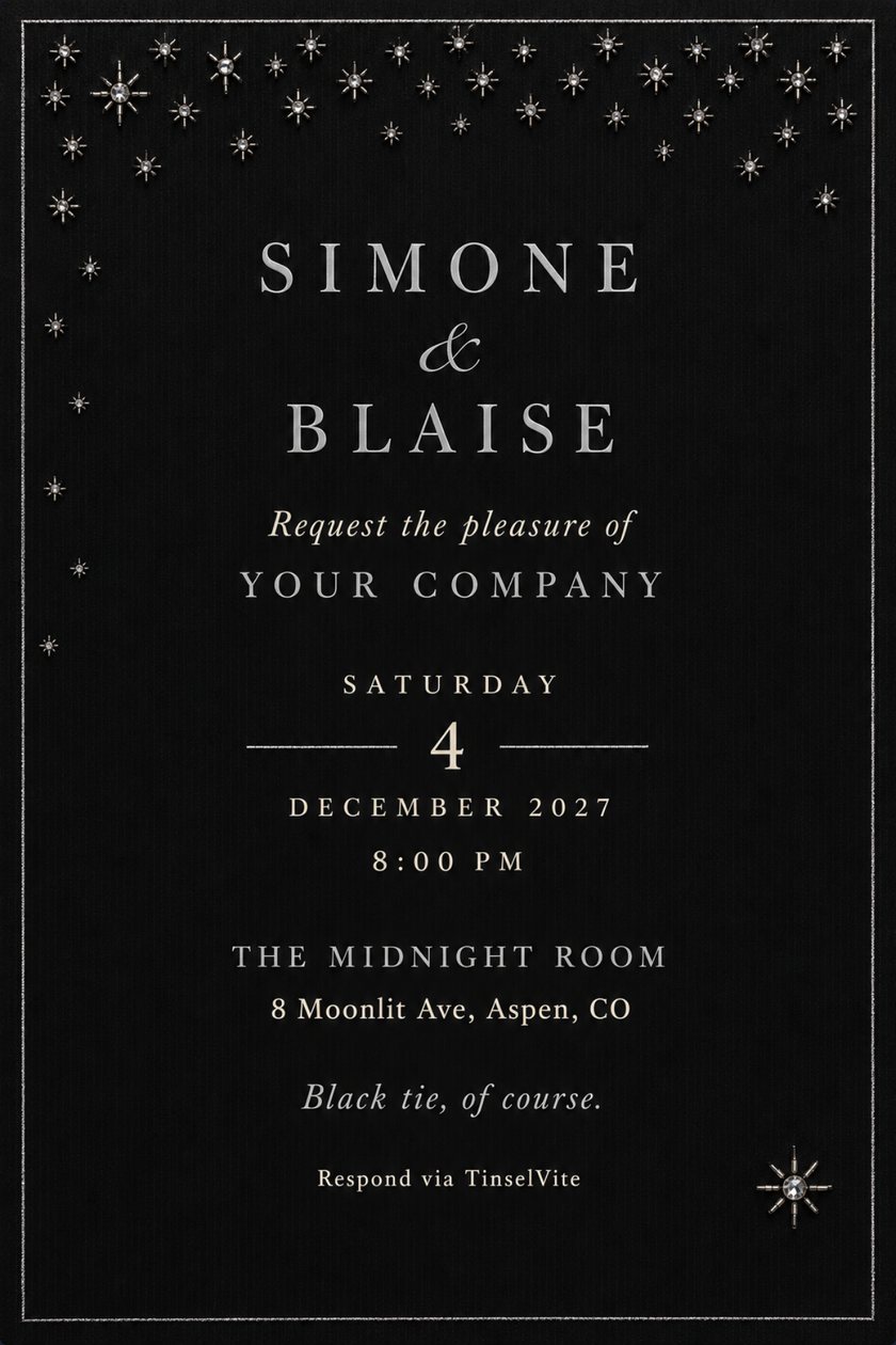 Wedding invitation on black satin with silver beaded crystal stars across the top, a thin silver border, large spaced silver capitals for the names, and the date and venue below.