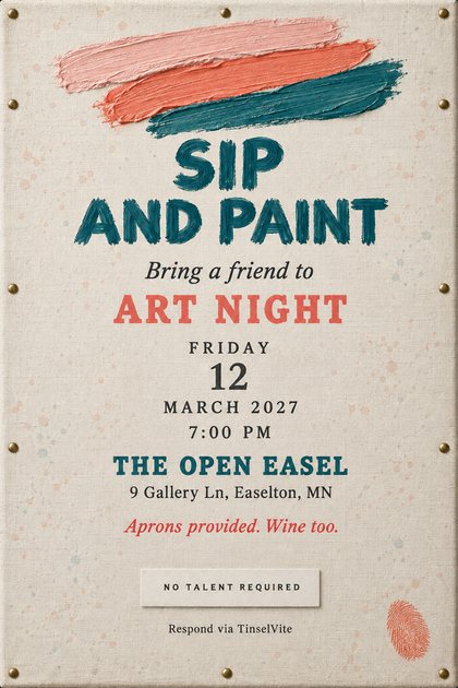 Mom's night out sip and paint invitation on linen canvas with brass tacks, blush, coral and teal paint strokes above a teal brushed title, with the date and venue below.