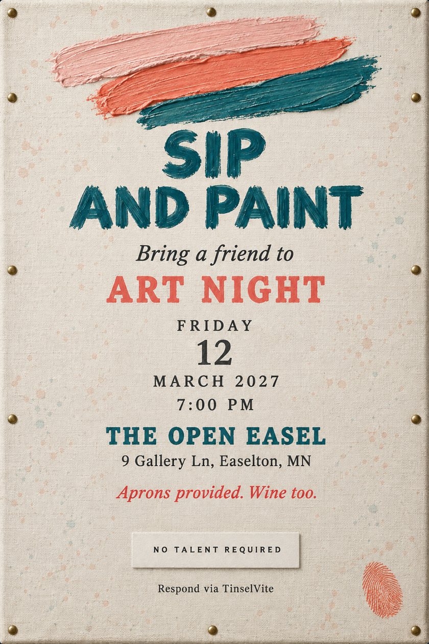 Mom's night out sip and paint invitation on linen canvas with brass tacks, blush, coral and teal paint strokes above a teal brushed title, with the date and venue below.