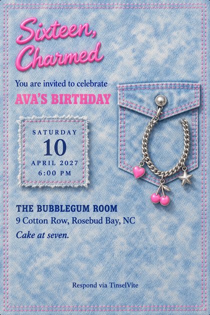 Acid-wash denim card bordered in pink stitching. Pink puff-paint script reads Sixteen, Charmed. A silver charm bracelet with heart, cherry and star charms hangs from a pocket; date and venue below.