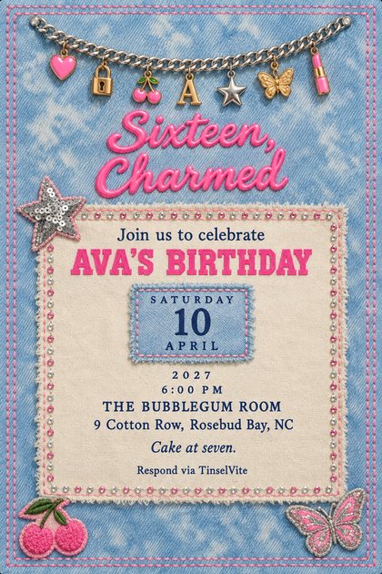 Acid-wash denim card with a silver charm bracelet: heart, padlock, cherries, A, star, butterfly, lipstick. Pink script 'Sixteen, Charmed' above a cream panel: Ava's Birthday, April 10.