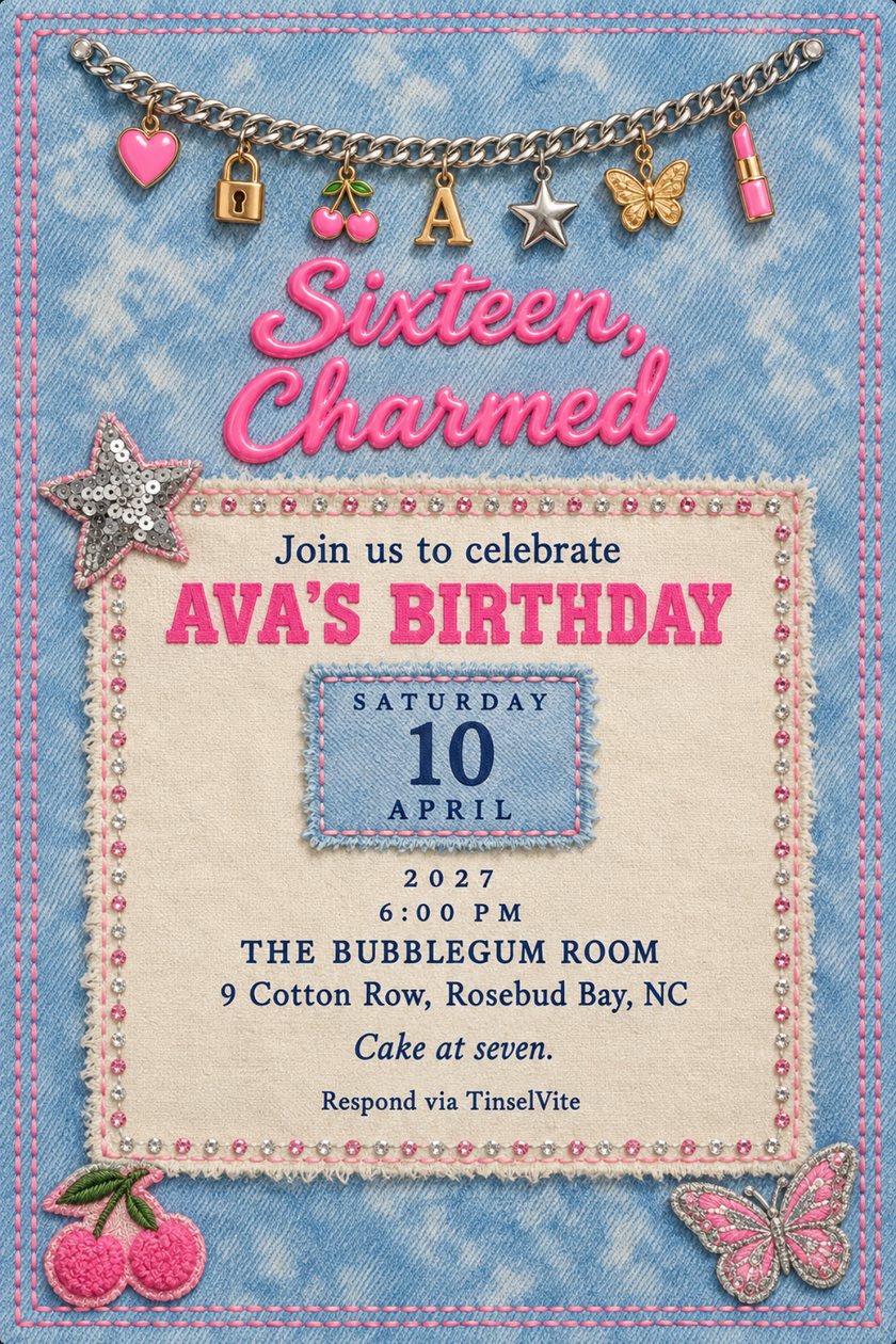 Acid-wash denim card with a silver charm bracelet: heart, padlock, cherries, A, star, butterfly, lipstick. Pink script 'Sixteen, Charmed' above a cream panel: Ava's Birthday, April 10.