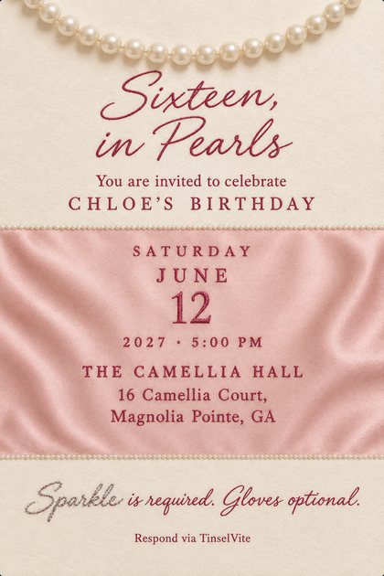 Cream card with a strand of large pearls draped across the top. Deep rose script reads Sixteen, in Pearls, above a blush satin panel with the date and venue below, and a line about sparkle and gloves.