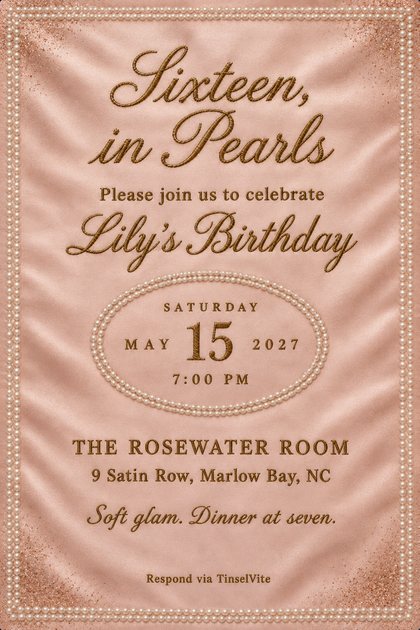 Blush satin card with a double pearl border. Gold cursive reads Sixteen, in Pearls, then Lily's Birthday. An oval of pearls rings the date, with the venue below and Soft glam. Dinner at seven.