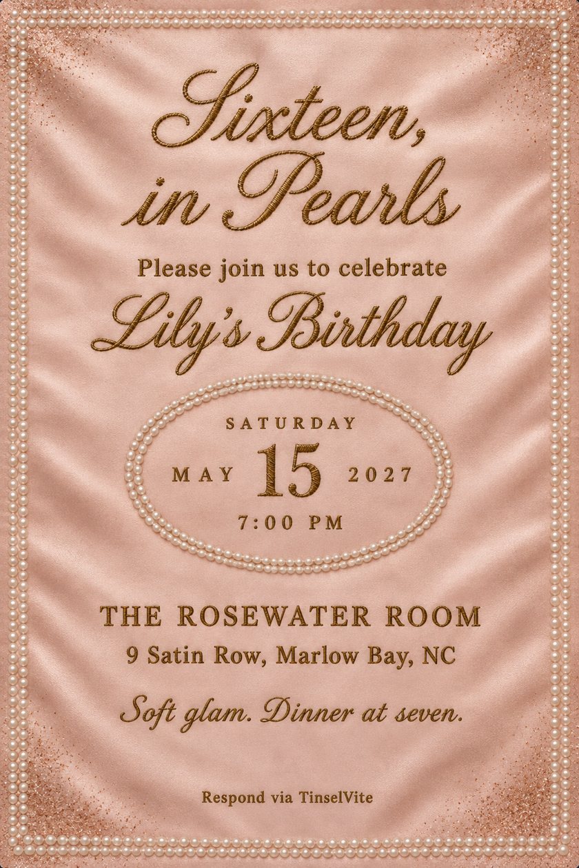Blush satin card with a double pearl border. Gold cursive reads Sixteen, in Pearls, then Lily's Birthday. An oval of pearls rings the date, with the venue below and Soft glam. Dinner at seven.