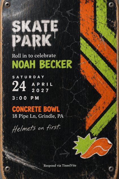 Black skateboard deck underside with steel bolts at the corners and lime and orange chevrons down the right side. White stencil lettering reads SKATE PARK, with a lime name and the date and venue below.