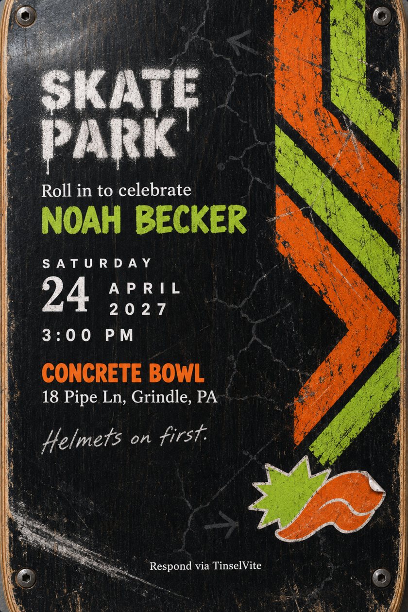 Birthday invitation: Black skateboard deck underside with steel bolts at the corners and lime and orange chevrons down the right side. White stencil lettering reads SKATE PARK, with a lime name and the date and venue below.