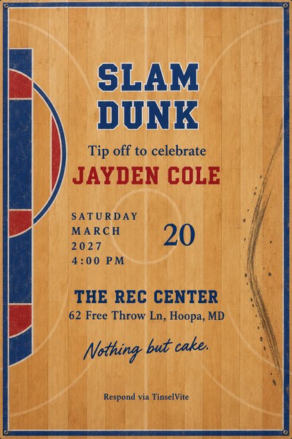 Honey maple basketball court floor with navy and red painted lane markings at left and black sneaker scuffs at right. Navy varsity capitals read SLAM DUNK; script below reads Nothing but cake, with the date and venue between.