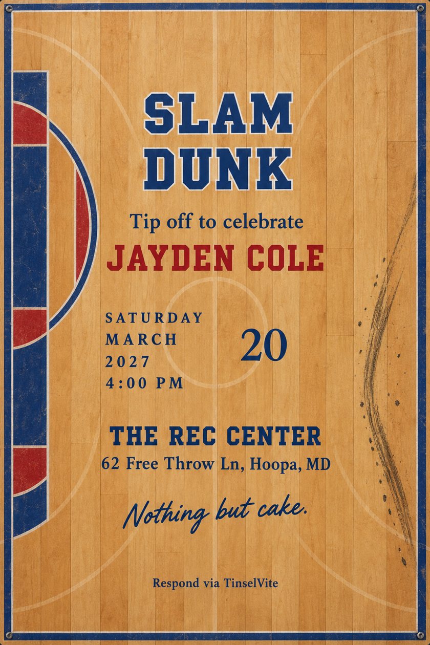 Birthday invitation: Honey maple basketball court floor with navy and red painted lane markings at left and black sneaker scuffs at right. Navy varsity capitals read SLAM DUNK; script below reads Nothing but cake, with the date and venue between.