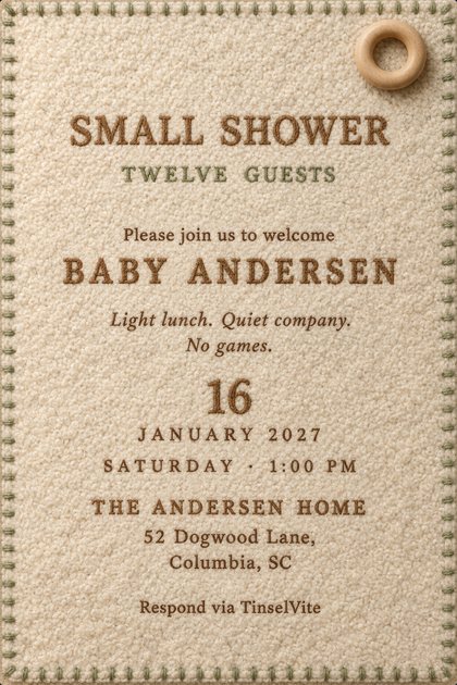 Cream bouclé wool card with sage blanket stitching around the edge and a beechwood teething ring at the top right. Embroidered SMALL SHOWER over BABY ANDERSEN, with the date and venue below.