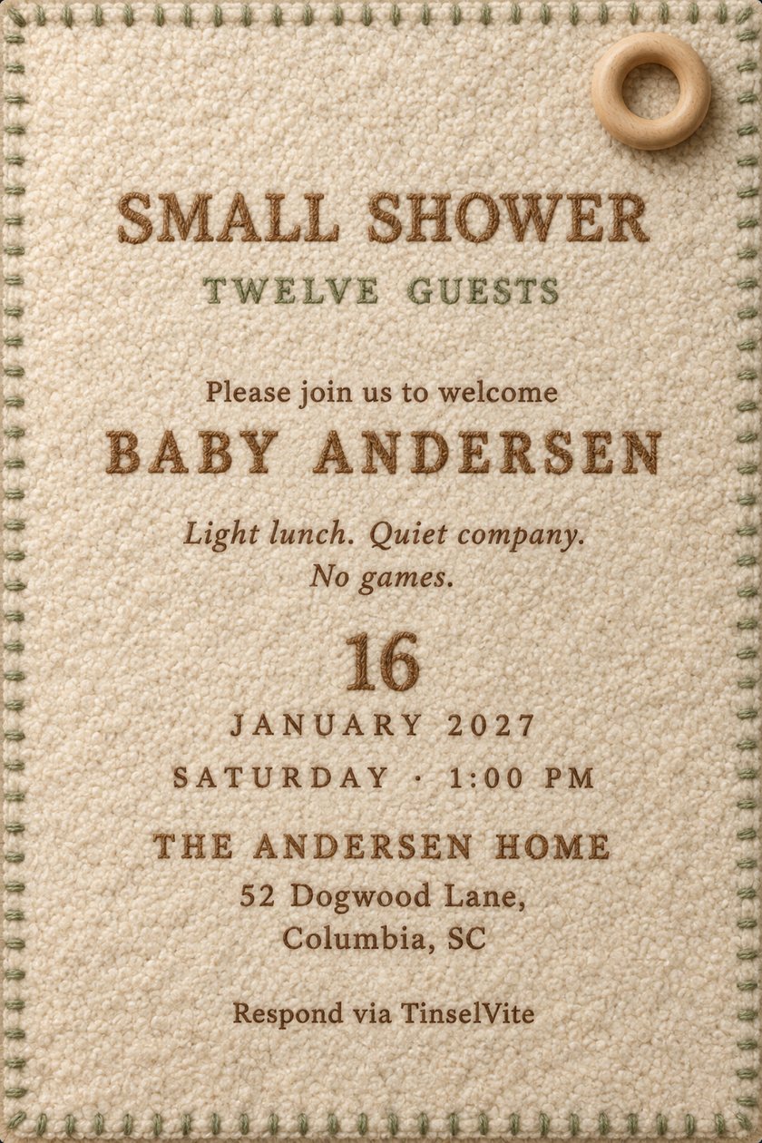 Baby shower invitation: Cream bouclé wool card with sage blanket stitching around the edge and a beechwood teething ring at the top right. Embroidered SMALL SHOWER over BABY ANDERSEN, with the date and venue below.