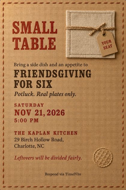 Kraft card with a rust-red rule. Rust type reads SMALL TABLE; a folded linen napkin tied in jute holds a tag reading YOUR SEAT. Dark slab type: FRIENDSGIVING FOR SIX, with the date and venue below.