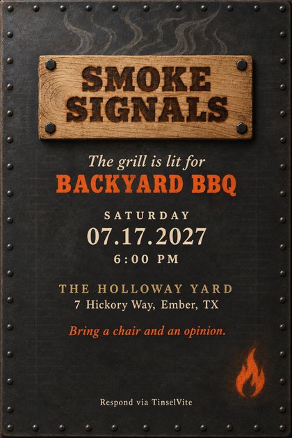 Backyard BBQ invitation on riveted blackened steel with smoke wisps, an oak plank branded SMOKE SIGNALS, an orange flame, and the date and venue below.