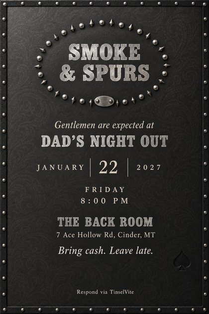 Dad's night out invitation on charcoal nubuck with an oval ring of steel studs and spikes around silver foil SMOKE & SPURS lettering, with the date and venue below.