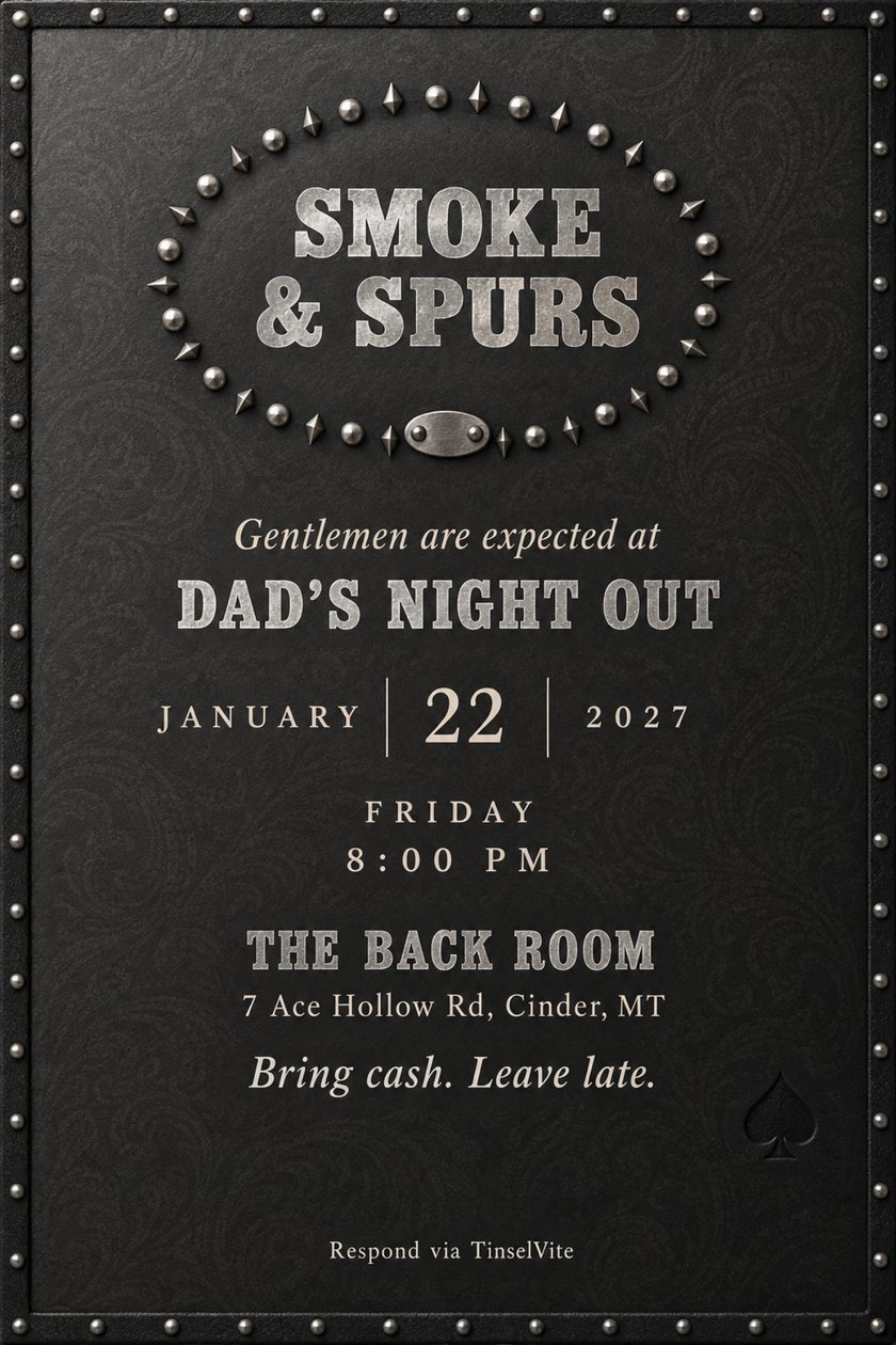 Dad's night out invitation on charcoal nubuck with an oval ring of steel studs and spikes around silver foil SMOKE & SPURS lettering, with the date and venue below.