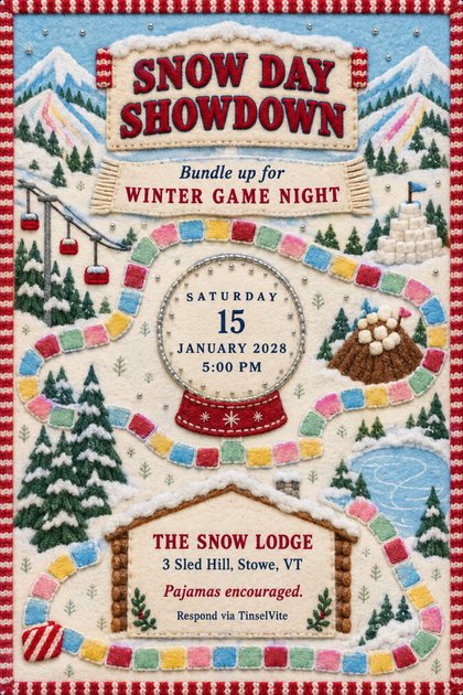 Winter game night invitation in boiled wool: a path of colorful felt tiles winds past pines and a log lodge to a snow globe, with the title Snow Day Showdown and details below.