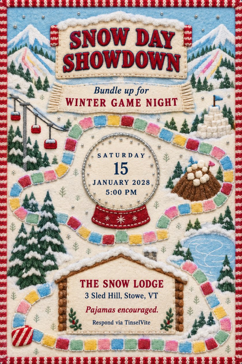Winter game night invitation in boiled wool: a path of colorful felt tiles winds past pines and a log lodge to a snow globe, with the title Snow Day Showdown and details below.