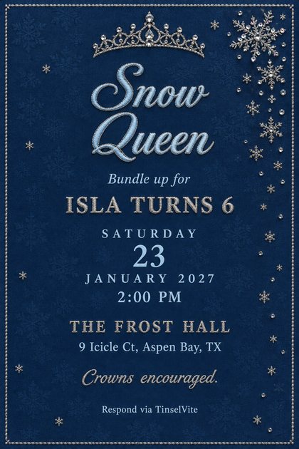 Snow Queen birthday invitation on deep blue satin with a silver beaded tiara, falling snowflakes and pale ice-blue script lettering, with the date and venue below.