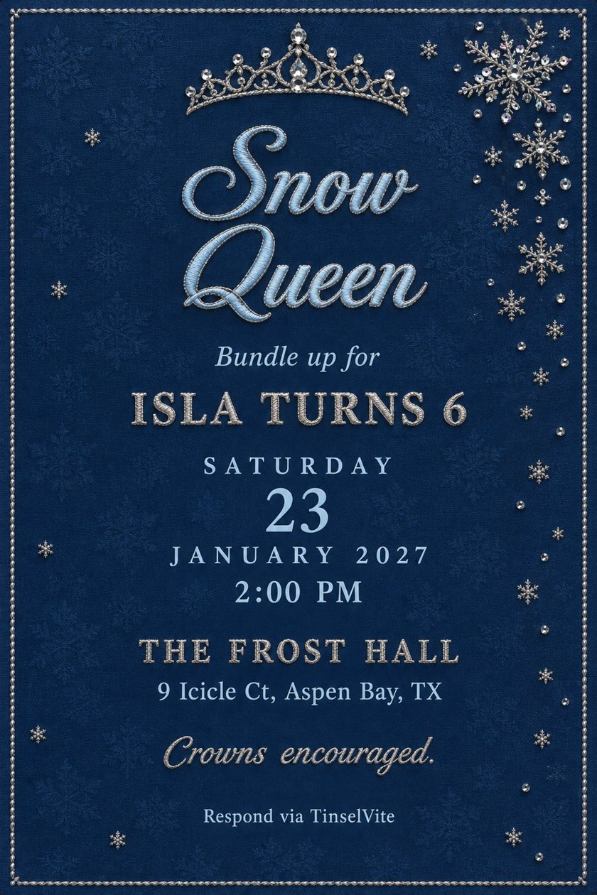 Snow Queen birthday invitation on deep blue satin with a silver beaded tiara, falling snowflakes and pale ice-blue script lettering, with the date and venue below.