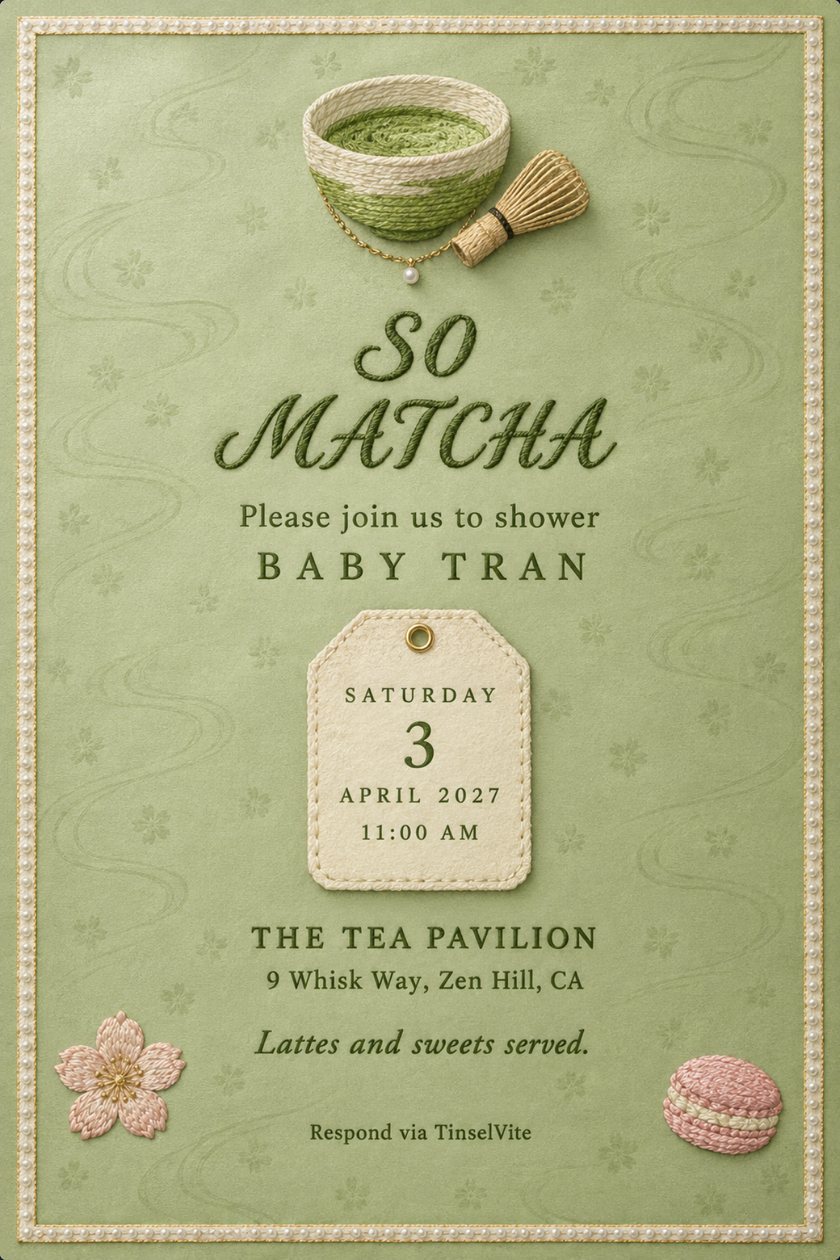 Baby shower invitation: Sage green embroidered card with a pearl border: matcha bowl and bamboo whisk, script SO MATCHA, BABY TRAN, a cream stitched tag with the date and time, the venue, a blossom and a macaron.