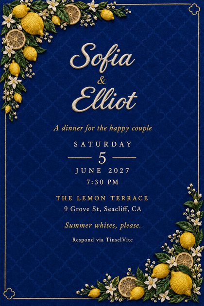 Engagement invitation on cobalt blue velvet with embroidered lemons and dried lemon wheels in two corners, gold border, cream script names, date and venue below.