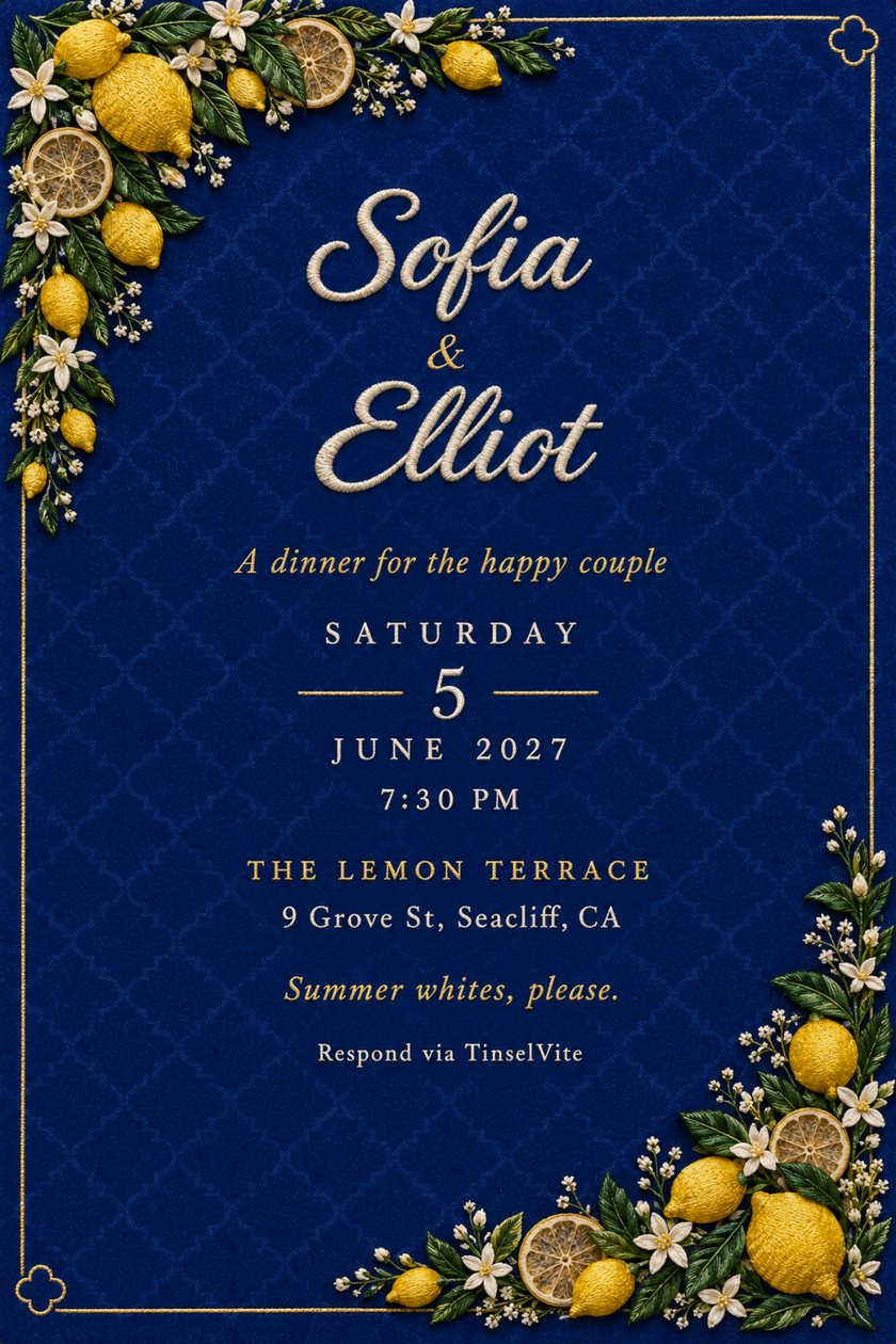 Engagement invitation on cobalt blue velvet with embroidered lemons and dried lemon wheels in two corners, gold border, cream script names, date and venue below.