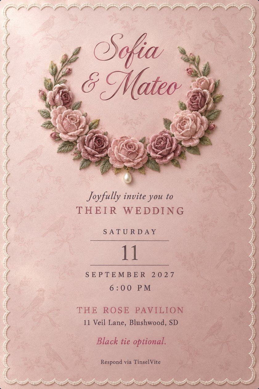 Blush pink wedding invitation with a wreath of pink and mauve velvet roses, a hanging pearl drop, a scalloped lace edge and the names Sofia & Mateo, with the date and venue below.