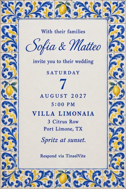 Blue and yellow majolica tile border with painted lemons around a cream panel; blue script reads Sofia & Matteo, with Saturday 7 August 2027, 5:00 PM, Villa Limonaia.