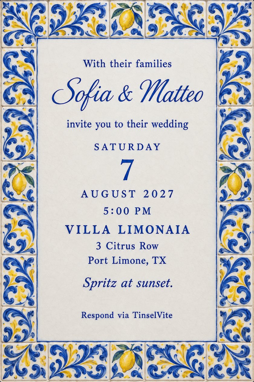 Blue and yellow majolica tile border with painted lemons around a cream panel; blue script reads Sofia & Matteo, with Saturday 7 August 2027, 5:00 PM, Villa Limonaia.