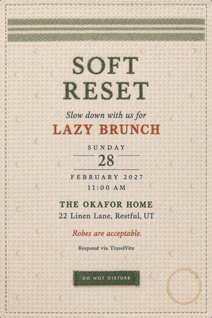 Brunch invitation on oatmeal waffle weave cotton with a sage striped band, SOFT RESET embroidered in sage, LAZY BRUNCH below, and a Do Not Disturb label.