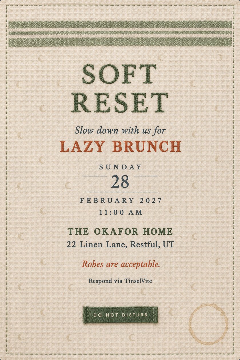 Brunch invitation on oatmeal waffle weave cotton with a sage striped band, SOFT RESET embroidered in sage, LAZY BRUNCH below, and a Do Not Disturb label.