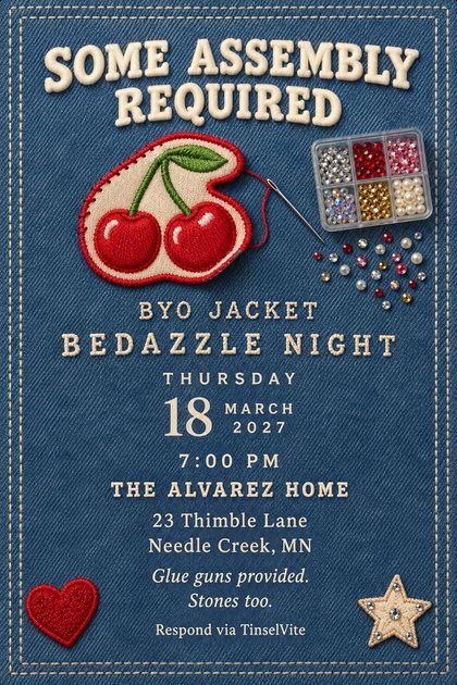 Mid-blue denim card with cream topstitched border, title SOME ASSEMBLY REQUIRED above a half-sewn cherry patch, needle and rhinestone tray, with date and address below.
