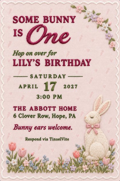 First birthday invitation on pale pink linen: a stitched cream bunny with a pink bow in a tulip meadow, a blossom garland, and Some Bunny Is One in raspberry thread.