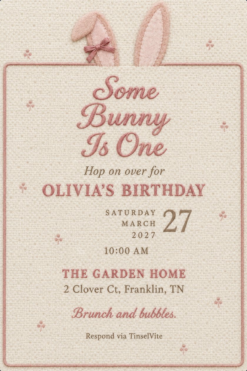 Cream wool bouclé first birthday invitation with blush bunny ears and a pink bow peeking over a rose piped frame, 'Some Bunny Is One' in pink script, with the date and venue below.