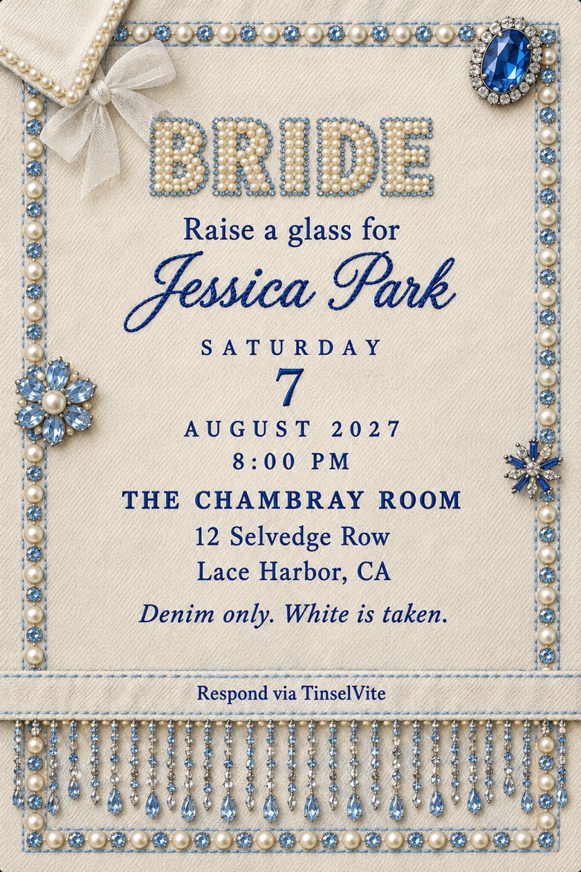Ecru denim card framed in ivory pearls and pale blue rhinestones. BRIDE spelled in pearls above cobalt script, with the date and venue below. Tulle bow, three brooches, crystal fringe at the hem.