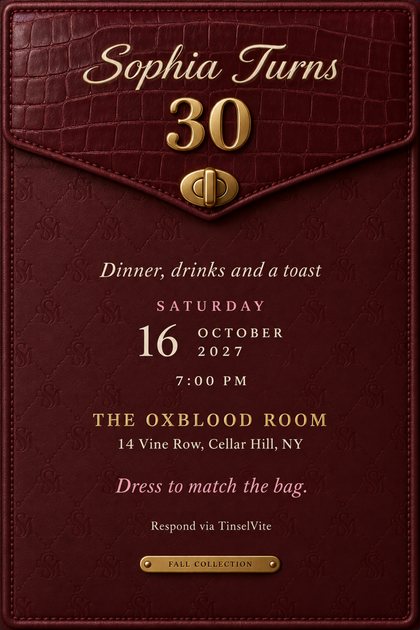 Burgundy leather card with a croc-textured flap and gold turn-lock clasp, cream script reading Sophia Turns above a large gold 30, with the date and venue below and a gold FALL COLLECTION plaque.