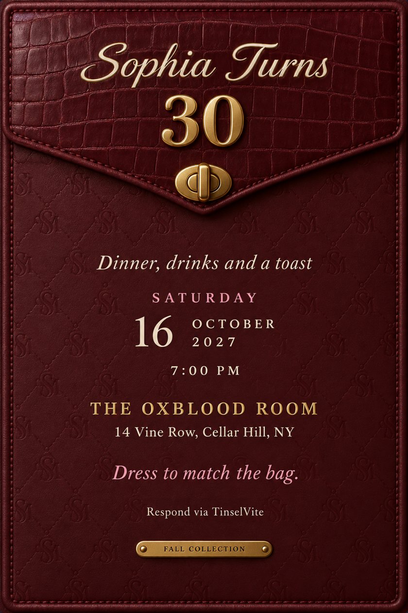 Birthday invitation: Burgundy leather card with a croc-textured flap and gold turn-lock clasp, cream script reading Sophia Turns above a large gold 30, with the date and venue below and a gold FALL COLLECTION plaque.