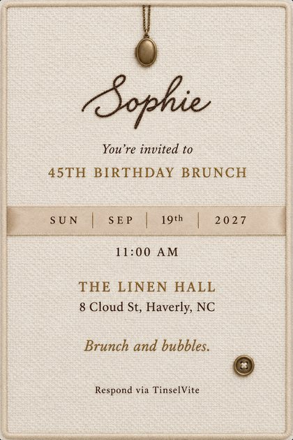 Birthday invitation on ivory bouclé wool with satin piping, a bronze locket on a chain, a champagne ribbon across the middle, and Sophie in brown cord script, date and venue below.