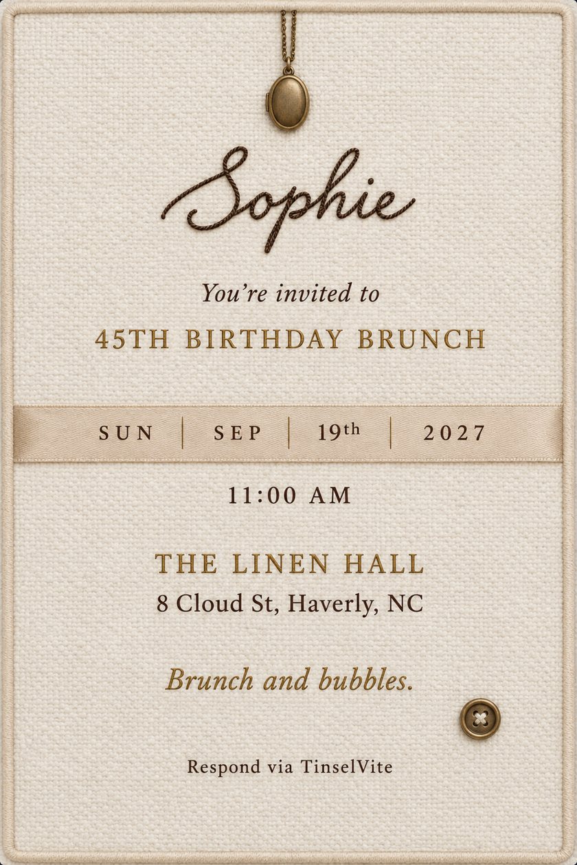 Birthday invitation on ivory bouclé wool with satin piping, a bronze locket on a chain, a champagne ribbon across the middle, and Sophie in brown cord script, date and venue below.