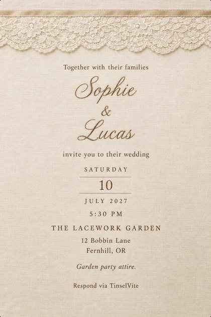 Ivory linen card with a band of floral Chantilly lace and a champagne satin ribbon across the top. Below, Sophie & Lucas in embroidered script, with the date and venue beneath.