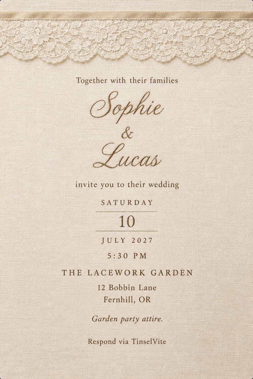 Wedding invitation: Ivory linen card with a band of floral Chantilly lace and a champagne satin ribbon across the top. Below, Sophie & Lucas in embroidered script, with the date and venue beneath.