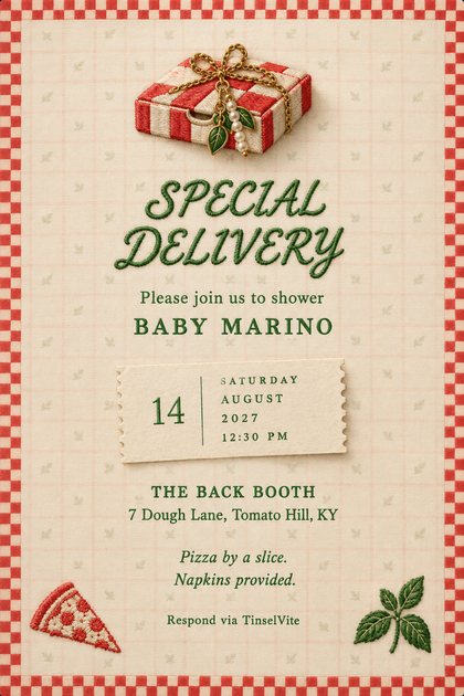 Cream embroidered card, red check border. Striped pizza box with gold chain, pearls and leaf charms above green script SPECIAL DELIVERY, then date and venue.