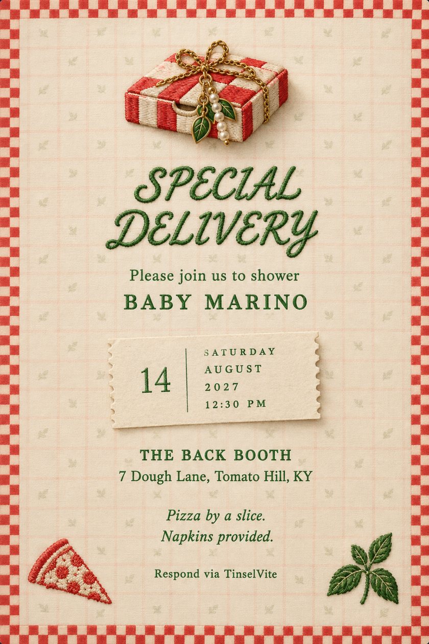 Baby shower invitation: Cream embroidered card, red check border. Striped pizza box with gold chain, pearls and leaf charms above green script SPECIAL DELIVERY, then date and venue.
