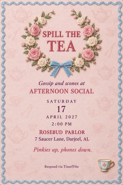 Tea party invitation on blush pink cotton: embroidered rose wreath around 'Spill the Tea', blue velvet bow, scalloped blue ribbon border, date and venue below.