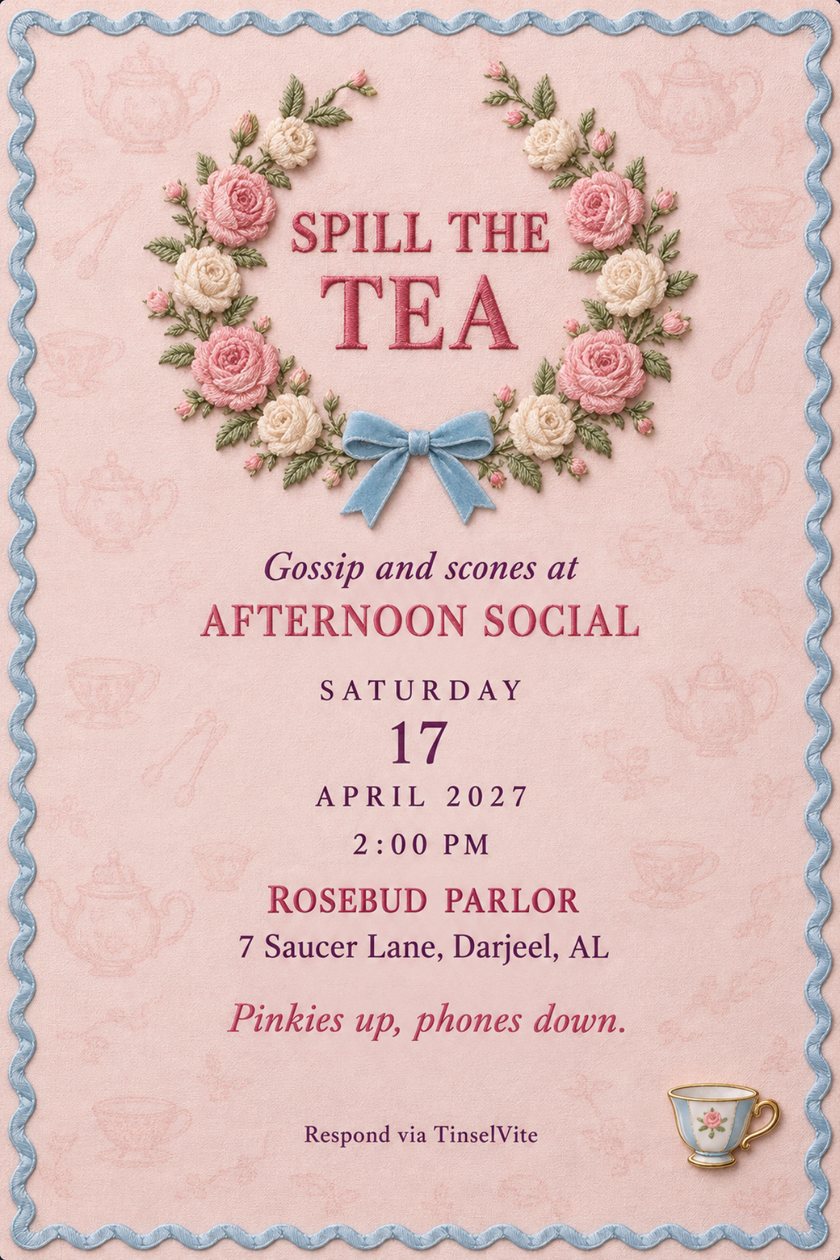 Just because invitation: Tea party invitation on blush pink cotton: embroidered rose wreath around 'Spill the Tea', blue velvet bow, scalloped blue ribbon border, date and venue below.