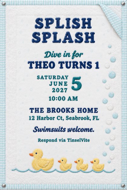 First birthday invitation on white terry cloth with aqua binding, navy stitched Splish Splash, four yellow rubber ducks on a wave line, bubbles up the right, date and venue below.