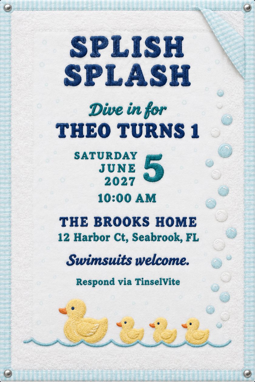 First birthday invitation on white terry cloth with aqua binding, navy stitched Splish Splash, four yellow rubber ducks on a wave line, bubbles up the right, date and venue below.
